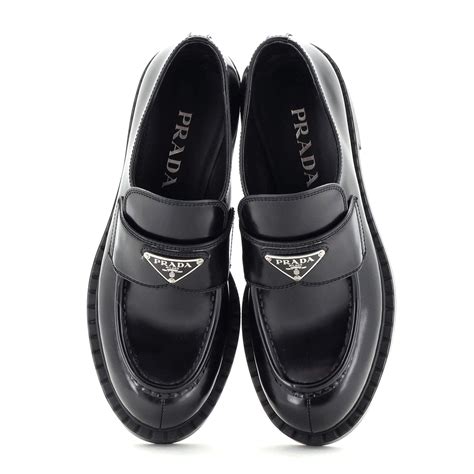 prada spazzalato black leather penny loafers womwn|Prada Spazzolato Leather Logo Penny Loafers .